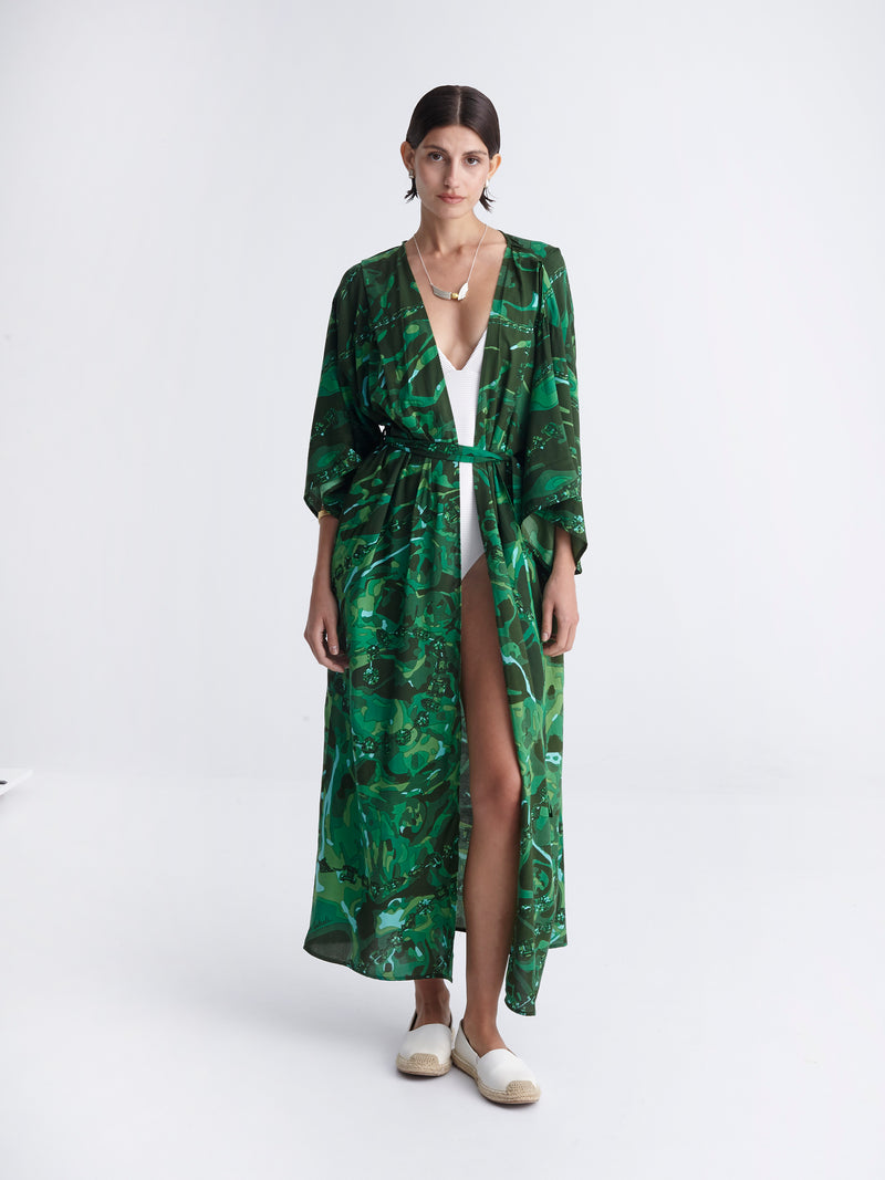 EMERALD DIVE maxi kimono with double shoulders