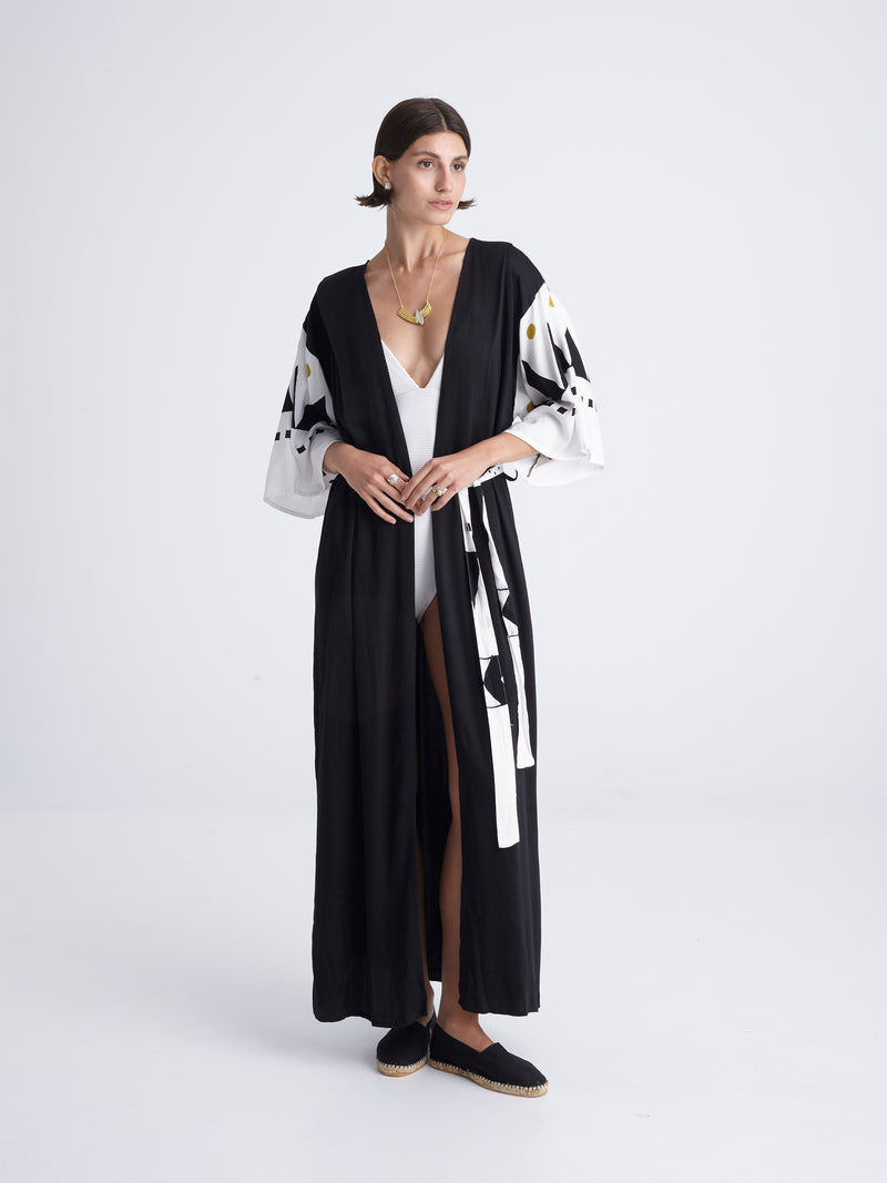 BLACK COMPOSE maxi kimono with double shoulders