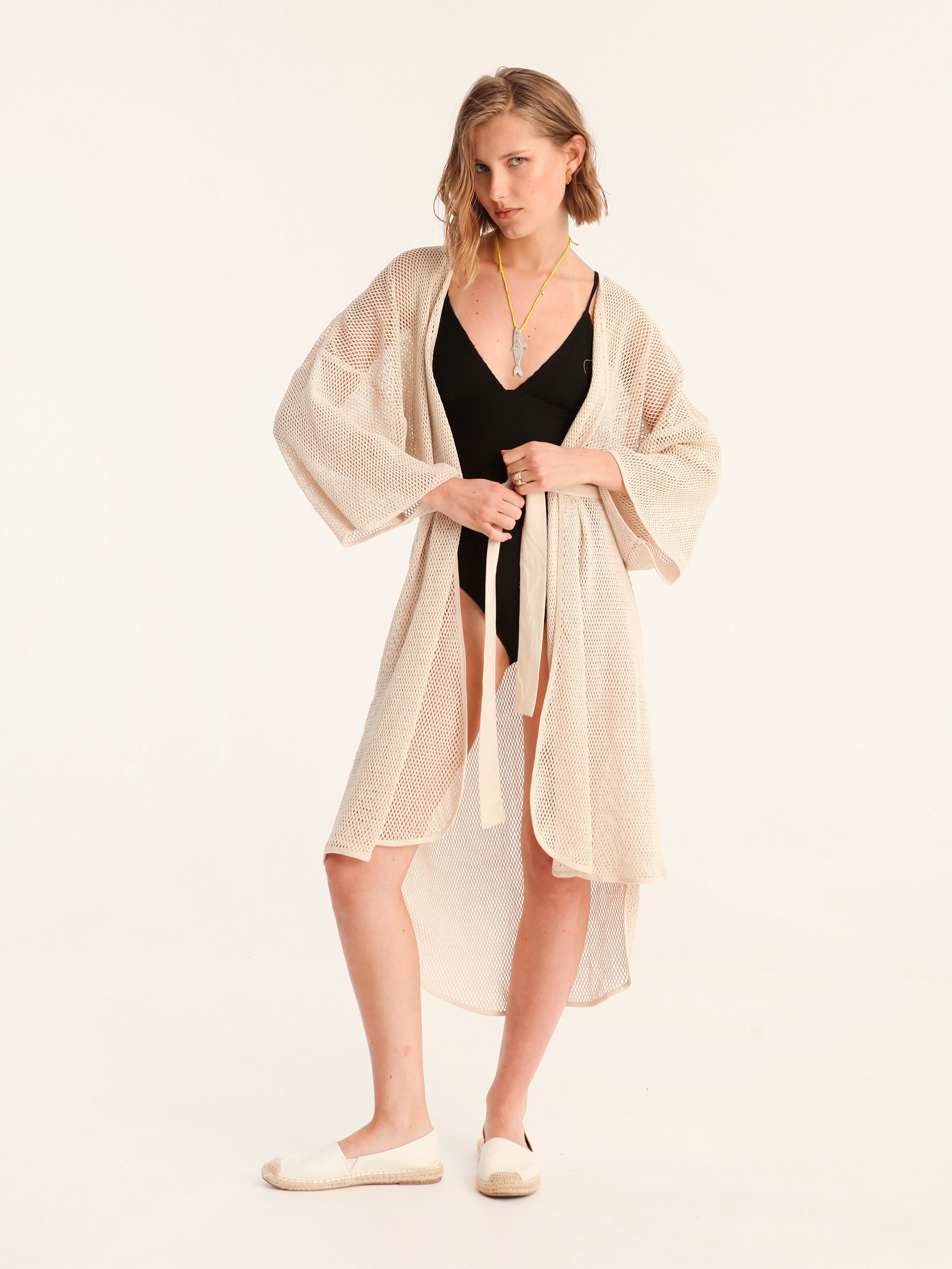 NET BEIGE belted kimono