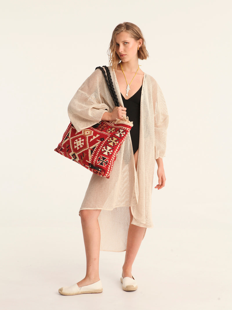 NET BEIGE belted kimono