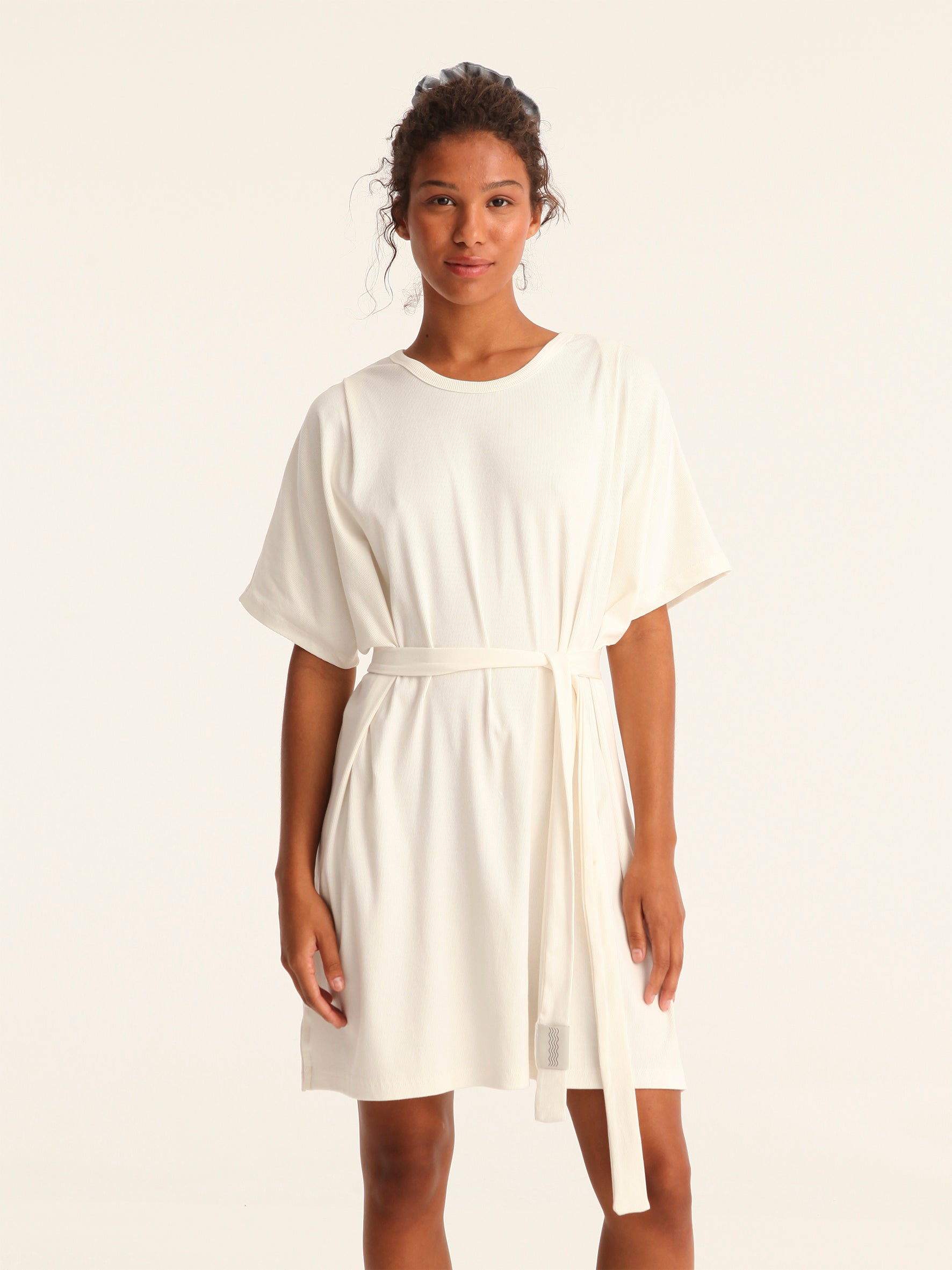 RIB loose belted dress - off white