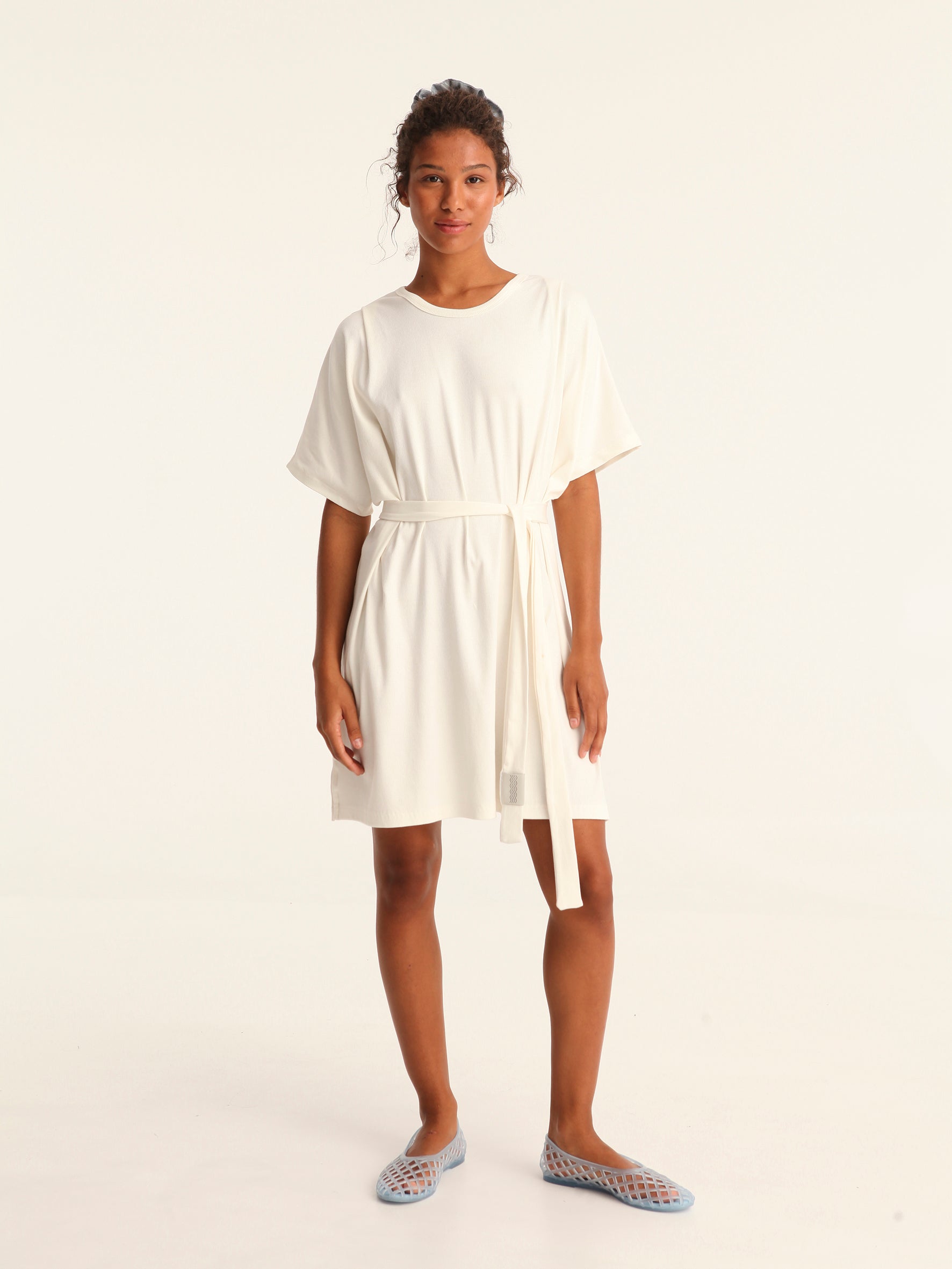 RIB loose belted dress - off white