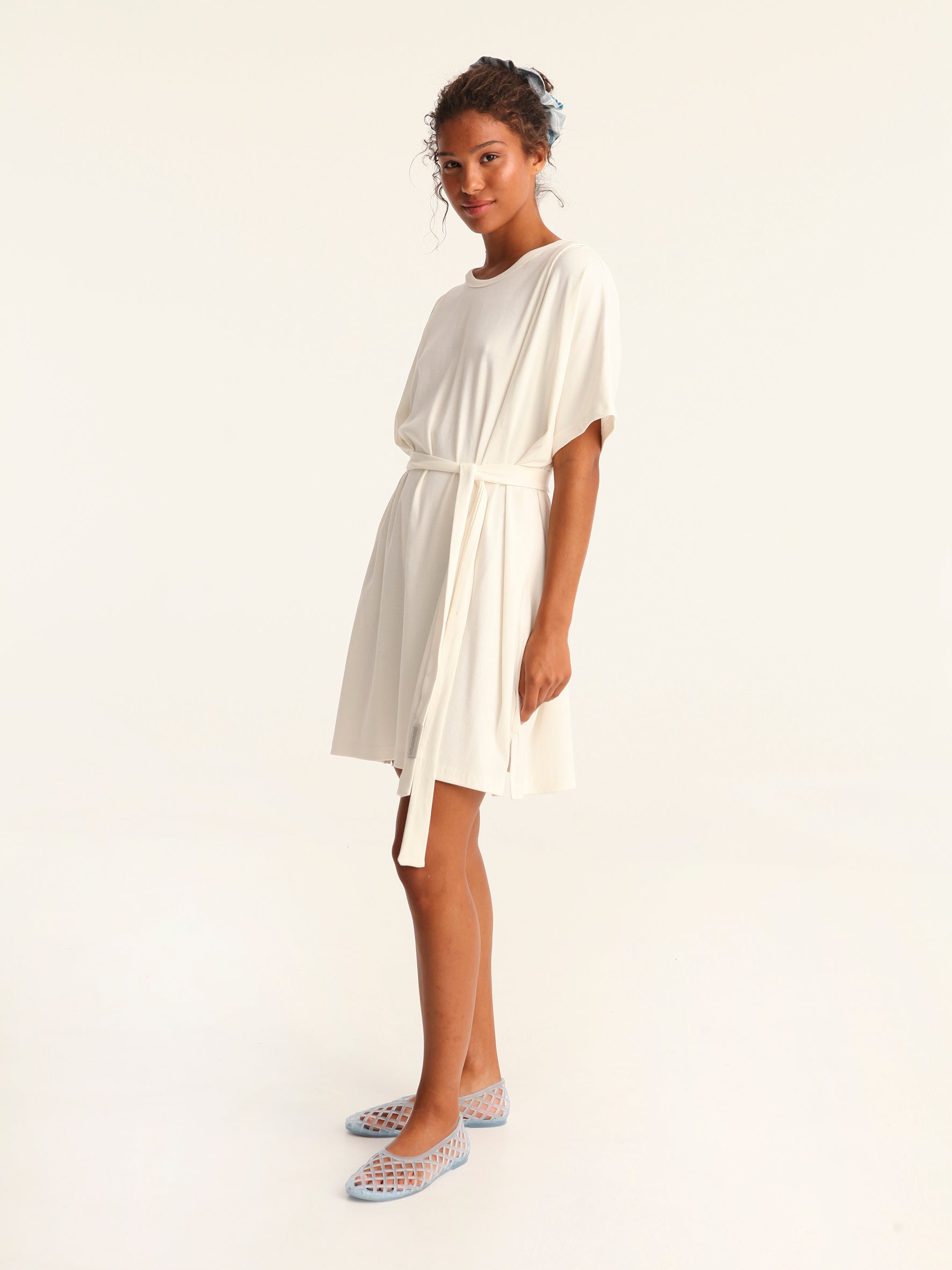 RIB loose belted dress - off white