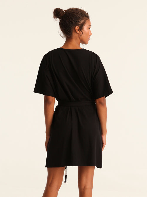 RIB loose belted dress - black