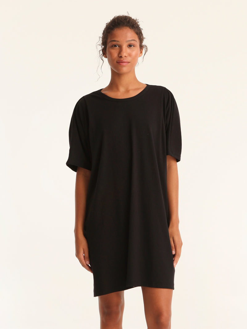 RIB loose belted dress - black