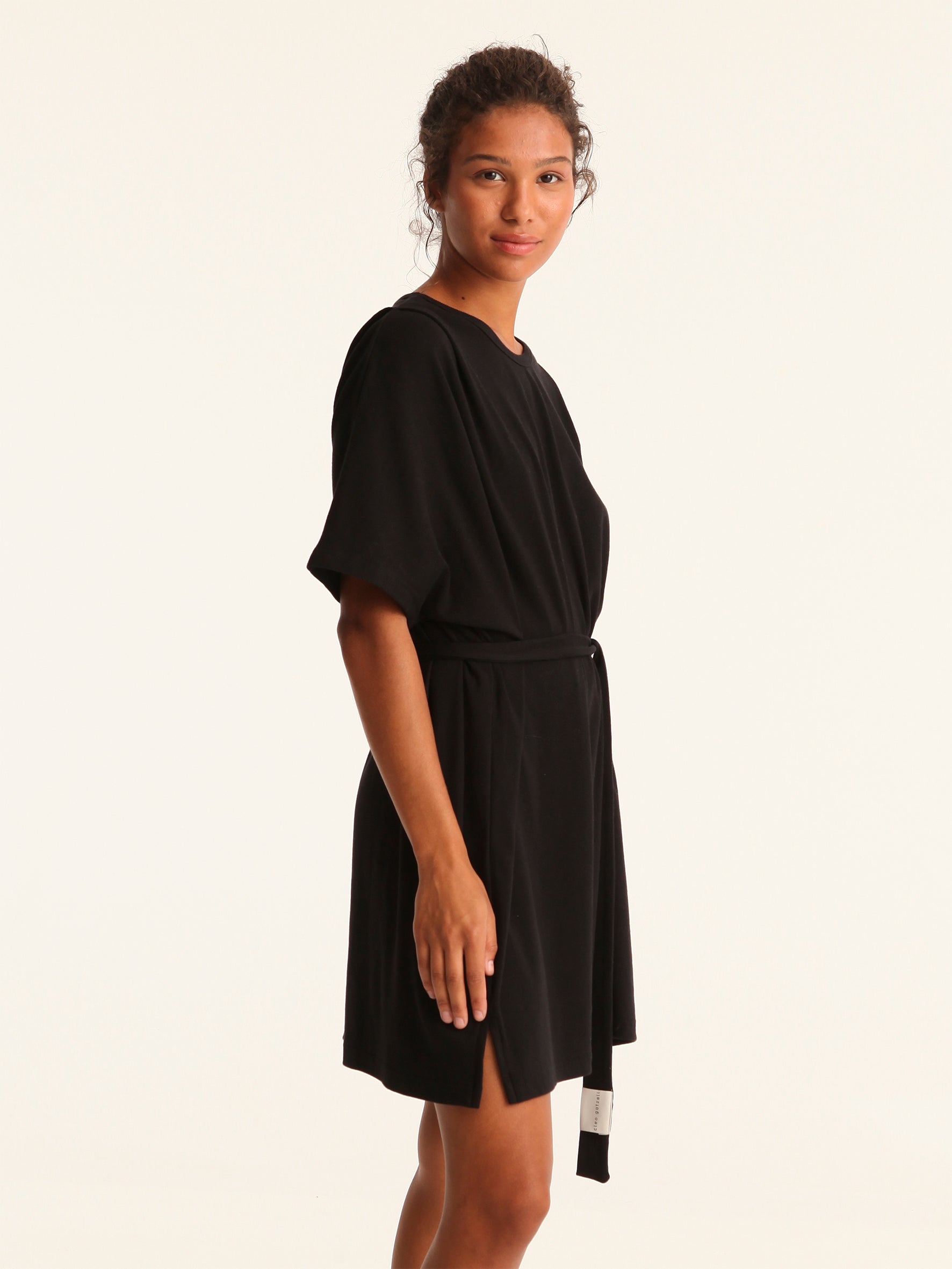 RIB loose belted dress - black