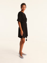 RIB loose belted dress - black