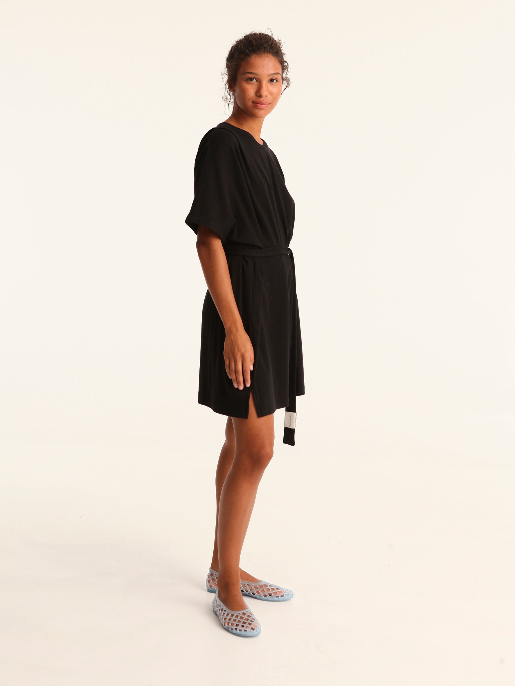 RIB loose belted dress - black