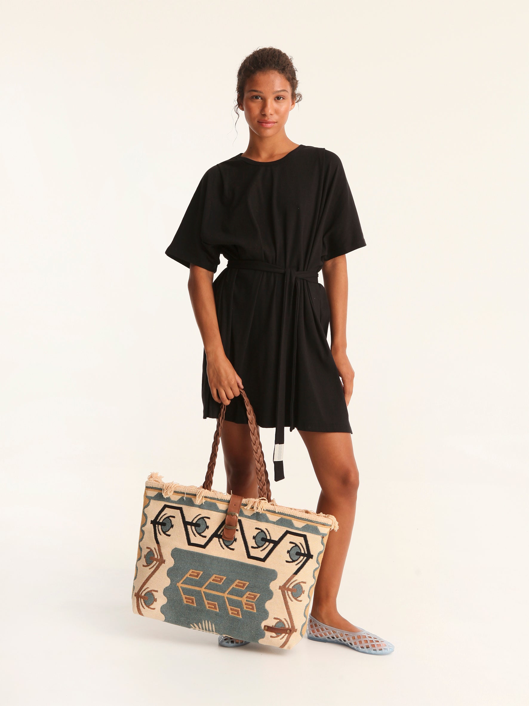 RIB loose belted dress - black