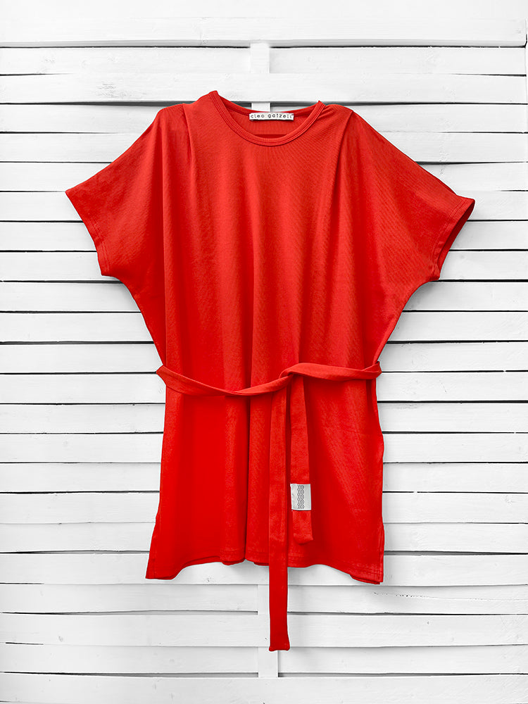RIB loose belted dress - coral red