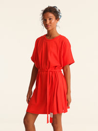 RIB loose belted dress - coral red
