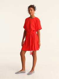 RIB loose belted dress - coral red