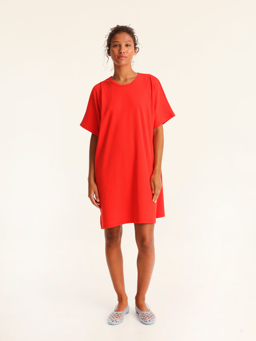 RIB loose belted dress - coral red