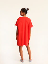 RIB loose belted dress - coral red