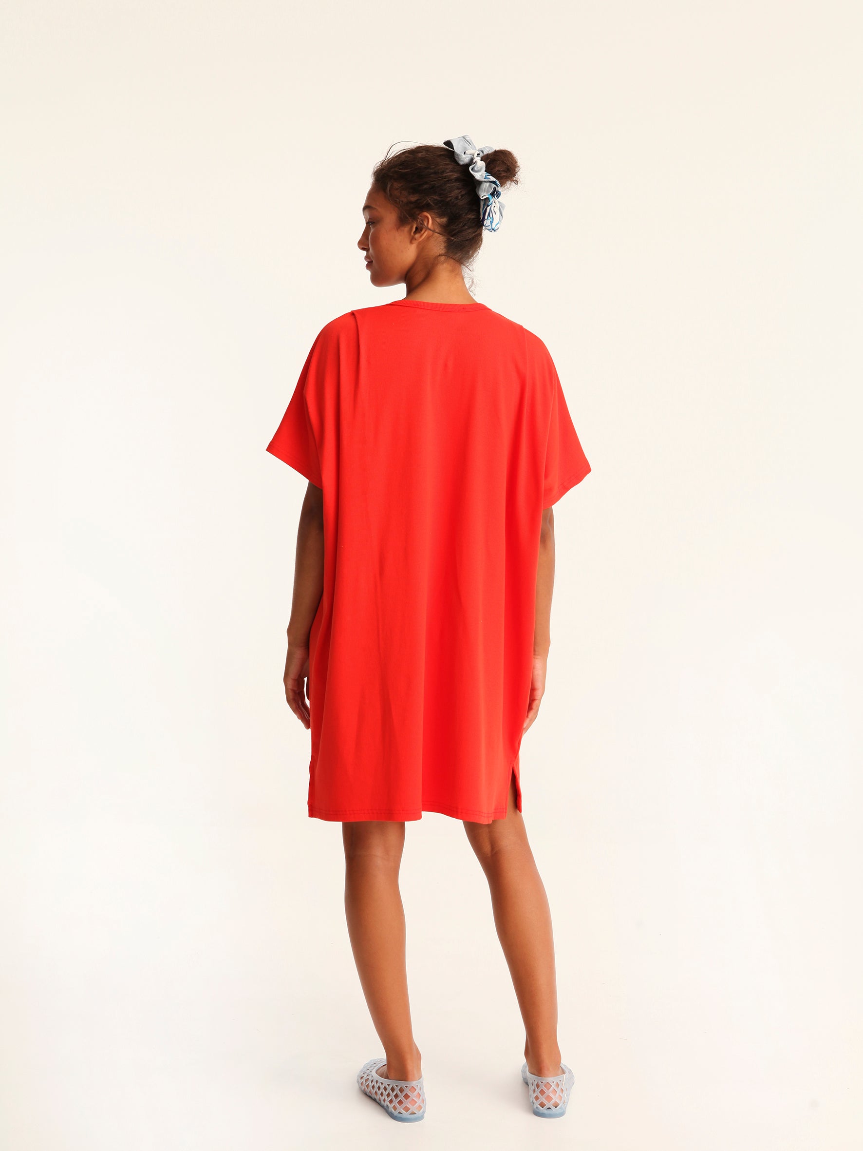RIB loose belted dress - coral red