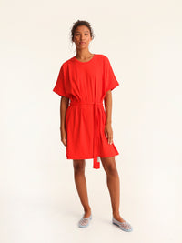 RIB loose belted dress - coral red