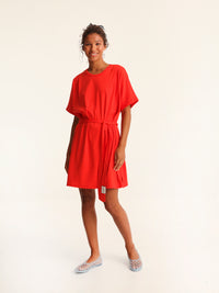 RIB loose belted dress - coral red