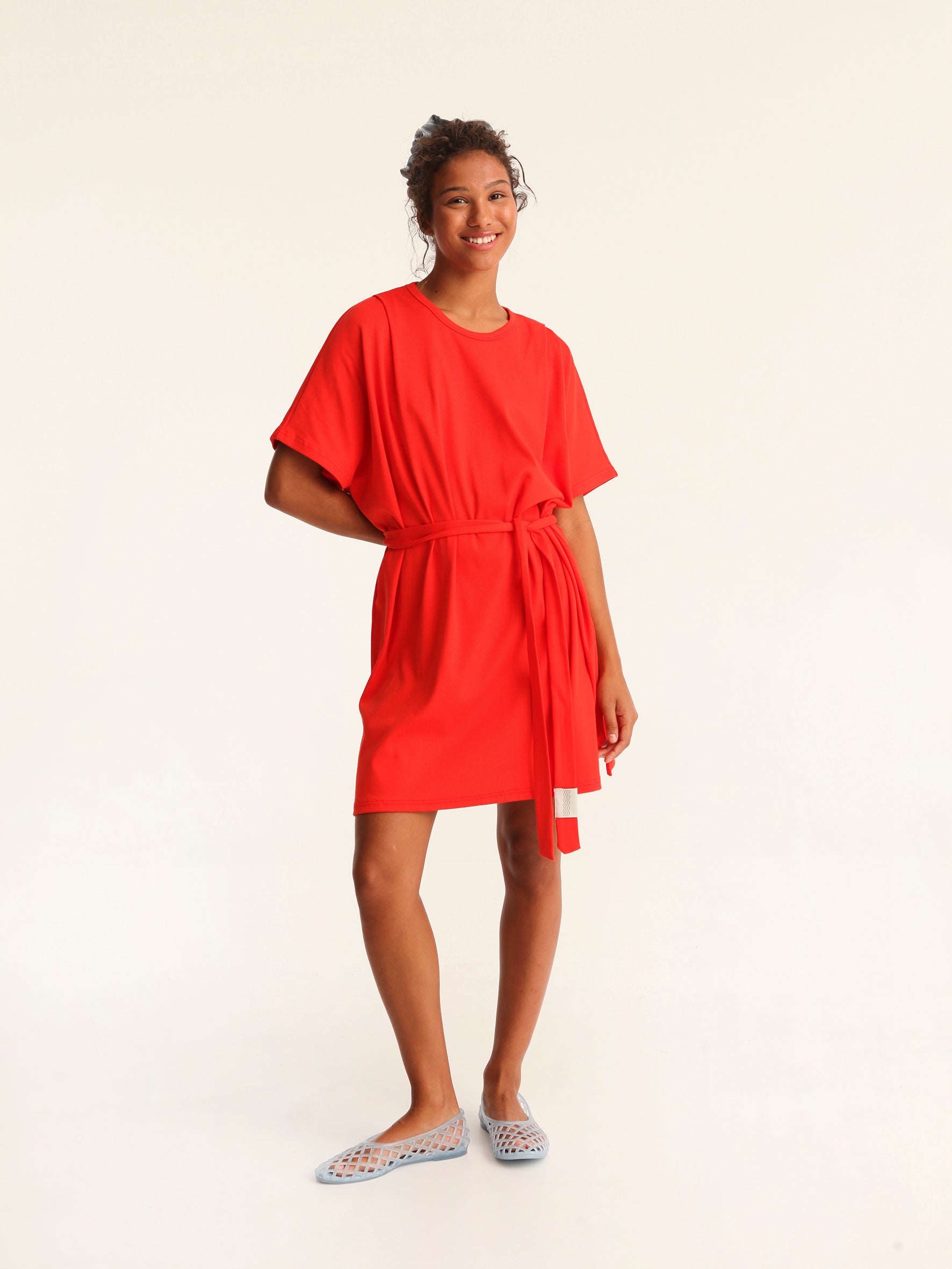 RIB loose belted dress - coral red
