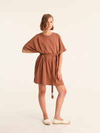 RIB loose belted dress - choco