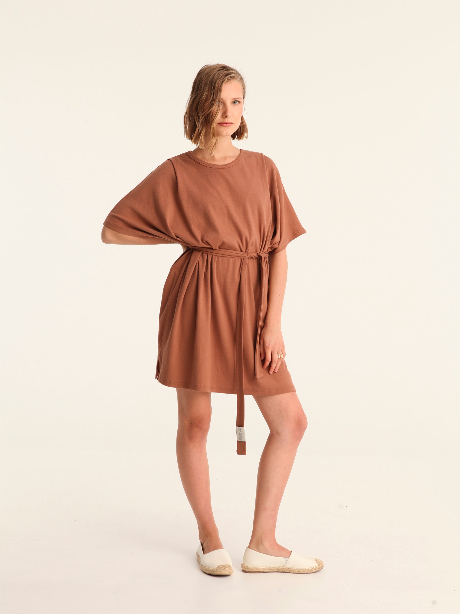 RIB loose belted dress - choco