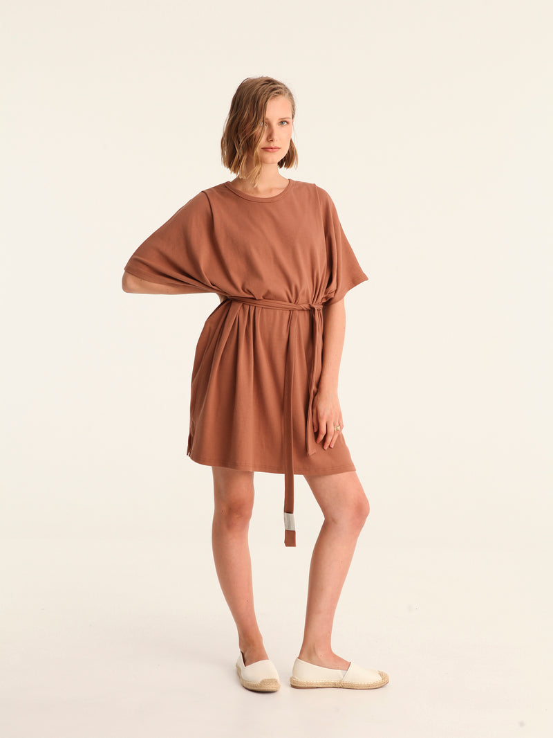 RIB loose belted dress - choco