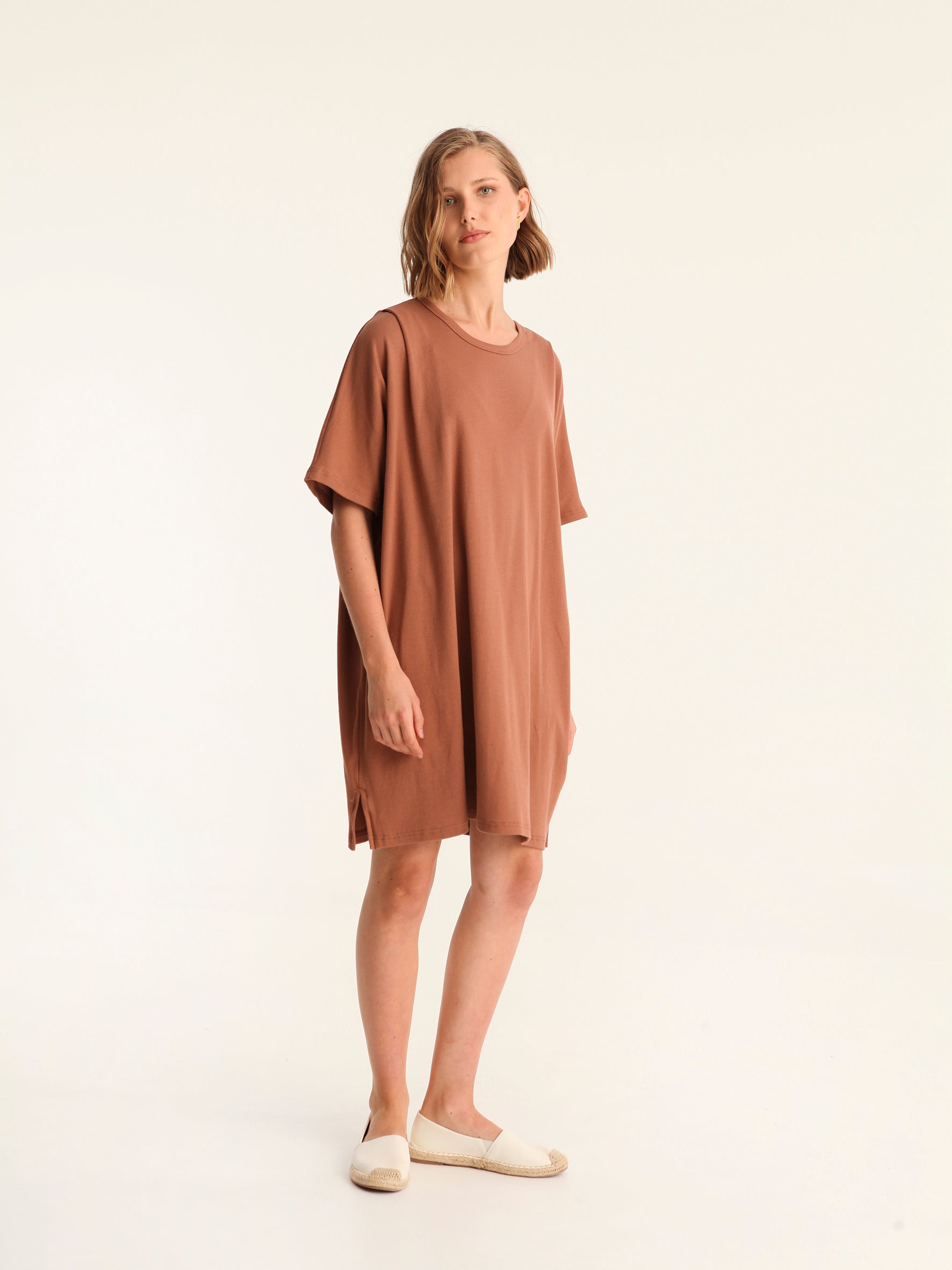 RIB loose belted dress - choco