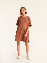 RIB loose belted dress - choco
