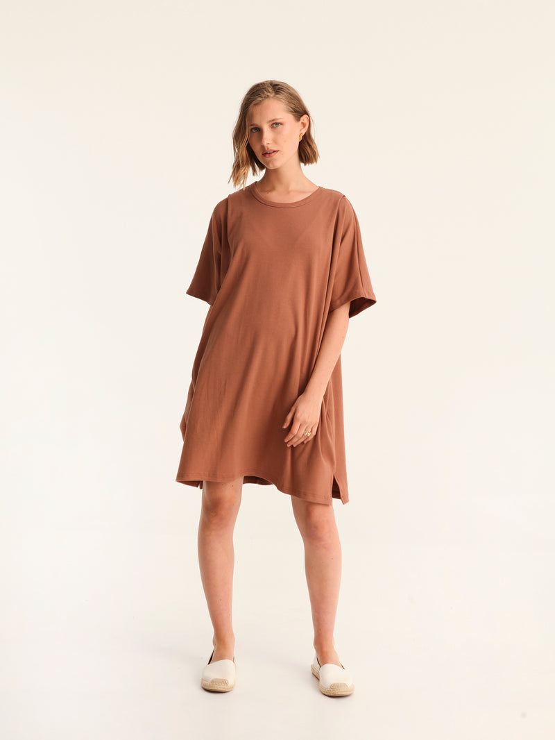 RIB loose belted dress - choco