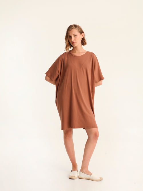 RIB loose belted dress - choco