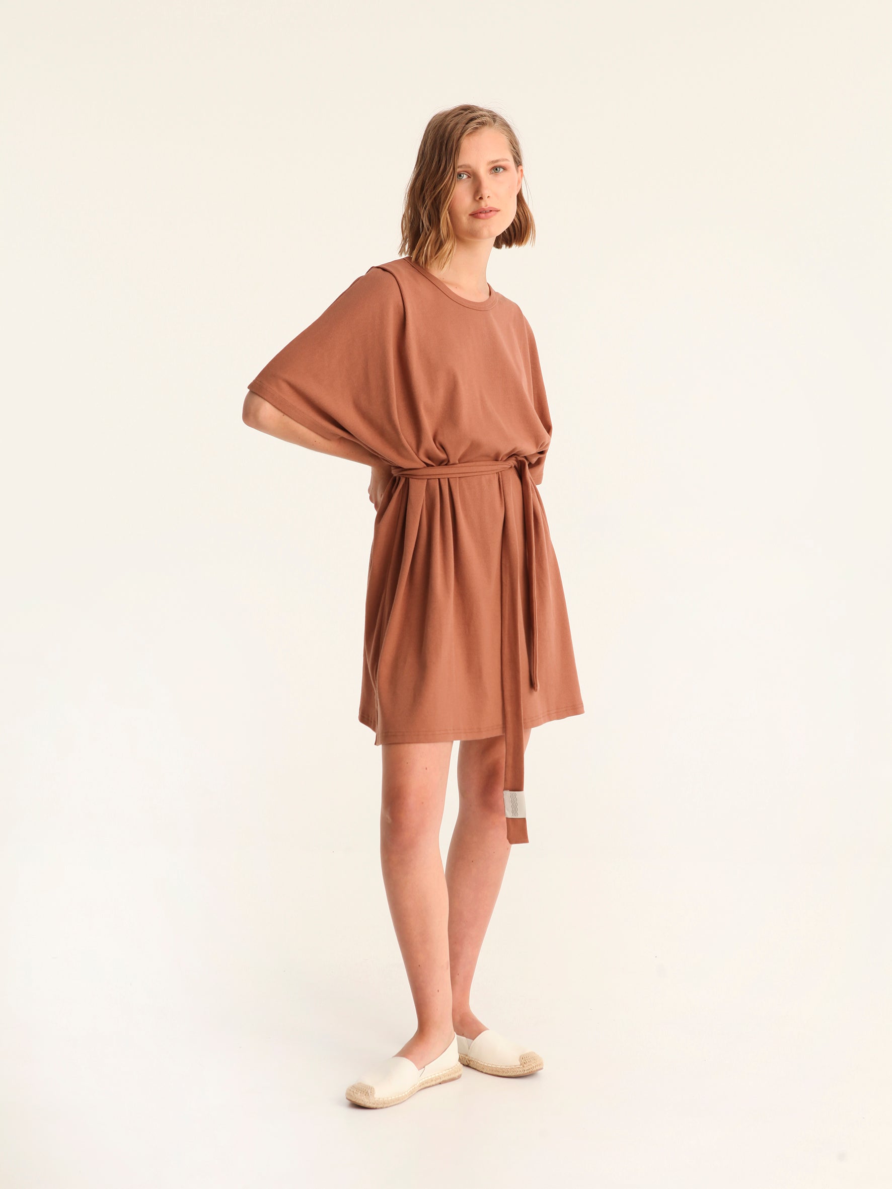RIB loose belted dress - choco
