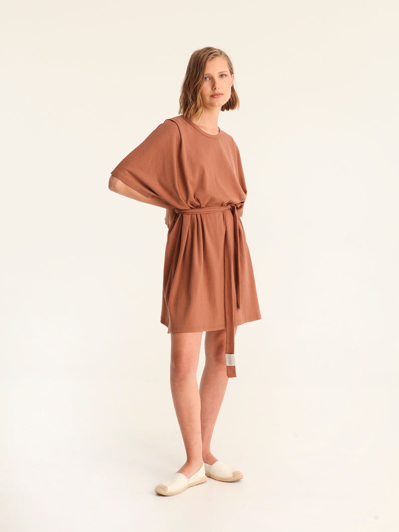 RIB loose belted dress - choco