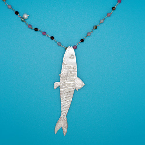 BLUEFISH fish rosary necklace - sterling silver - *one of a kind*