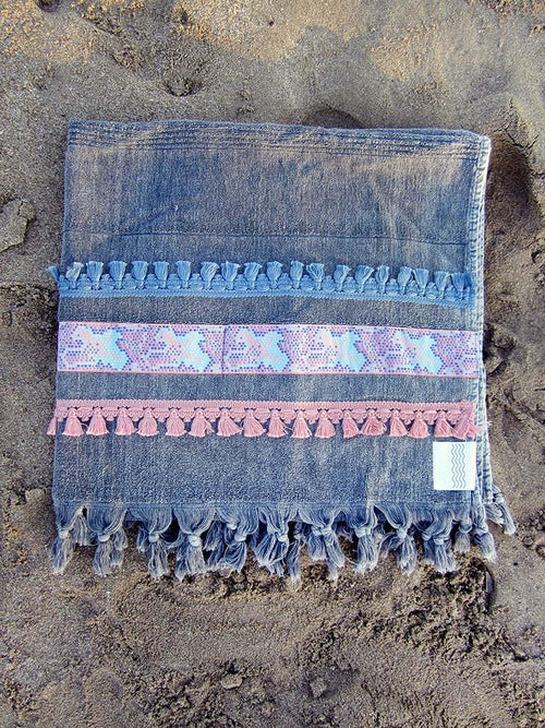 Peshtowel/towel in iron stonewashed color with a wide woven ribbon in pale pink and ciel color and fringed bands