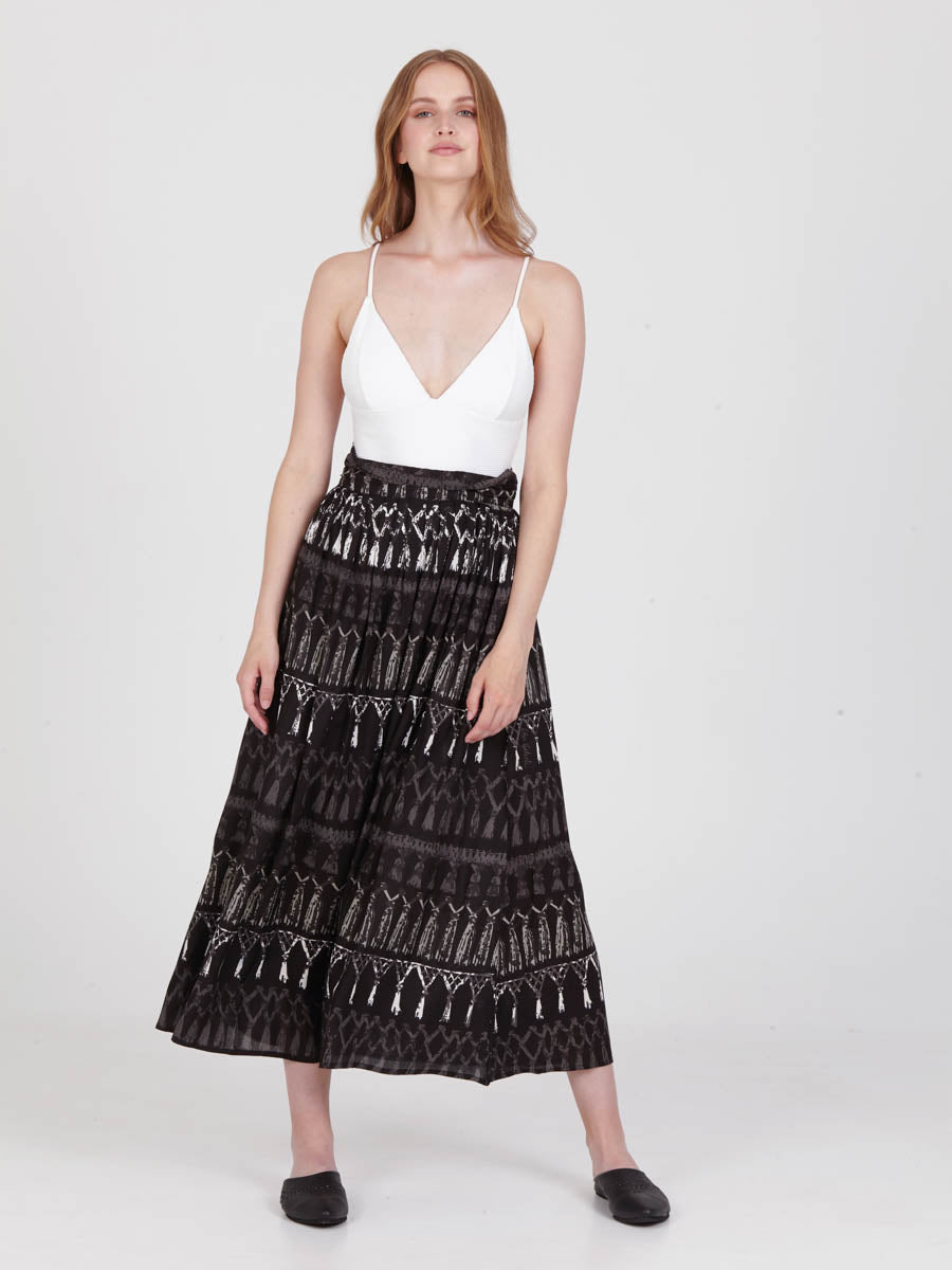 FRINGES BLACK midi skirt with extra band on waist back