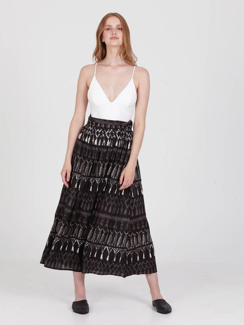 FRINGES BLACK maxi skirt with extra band on waist back