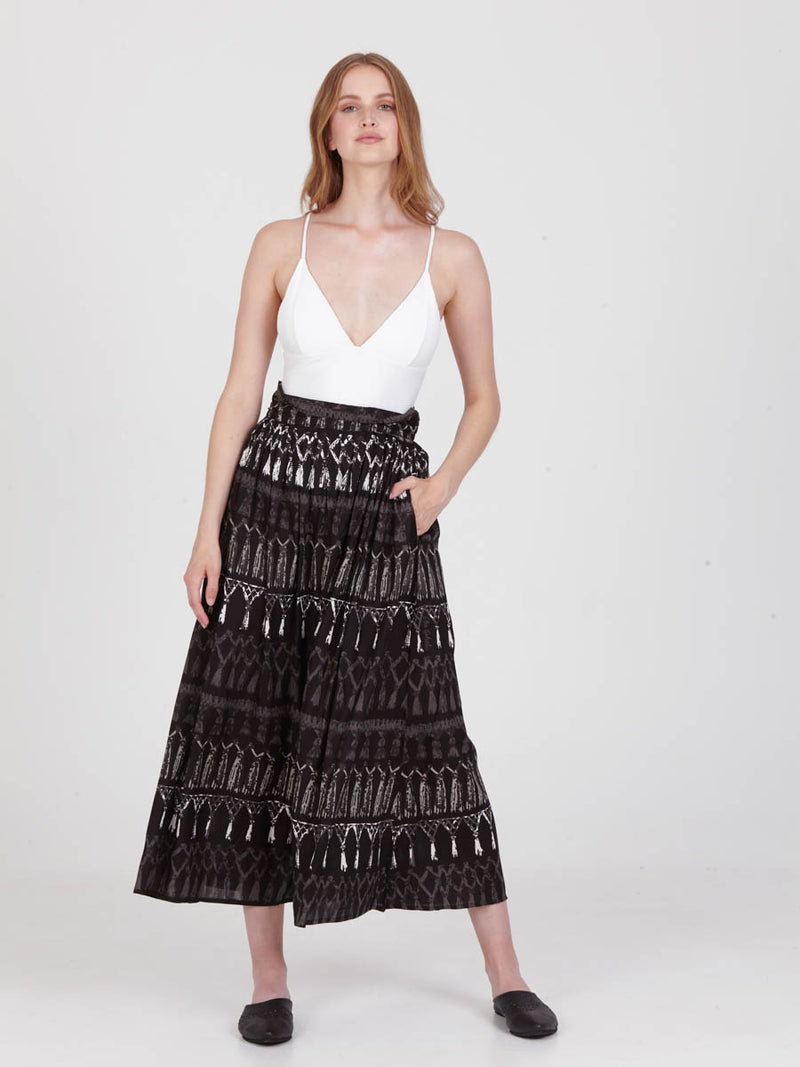 FRINGES BLACK midi skirt with extra band on waist back