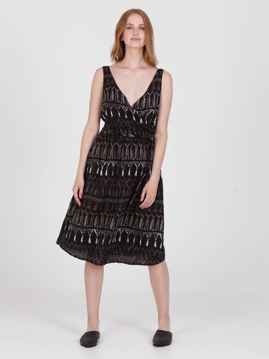 FRINGES BLACK midi wrap dress