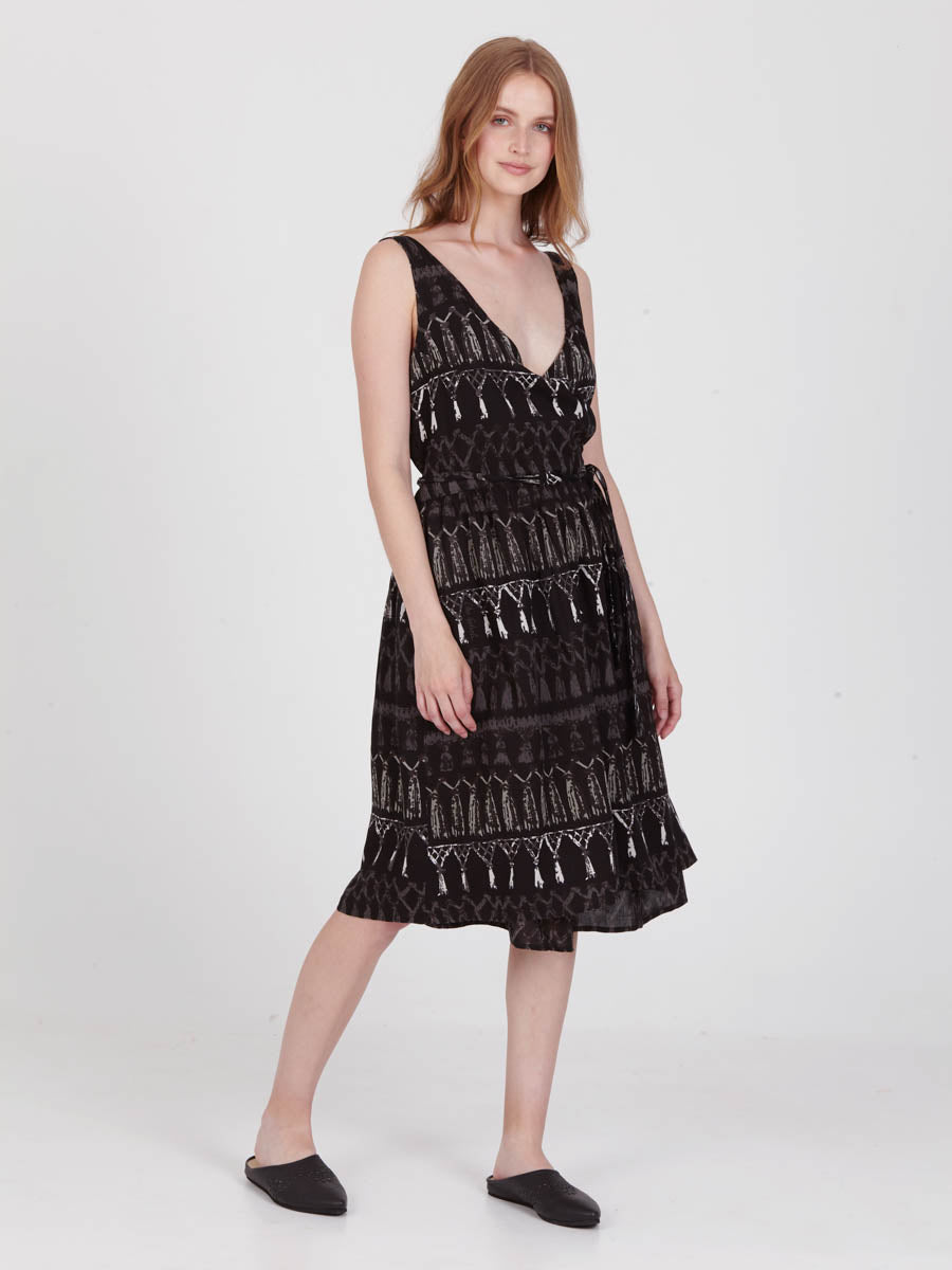 FRINGES BLACK midi wrap dress